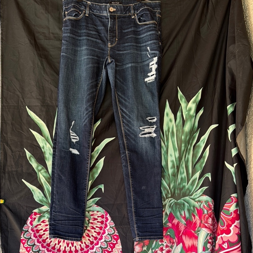 🍍 White House Black Market Womens Jeans Skinny Crop Blue Denim Dark Wash Patched